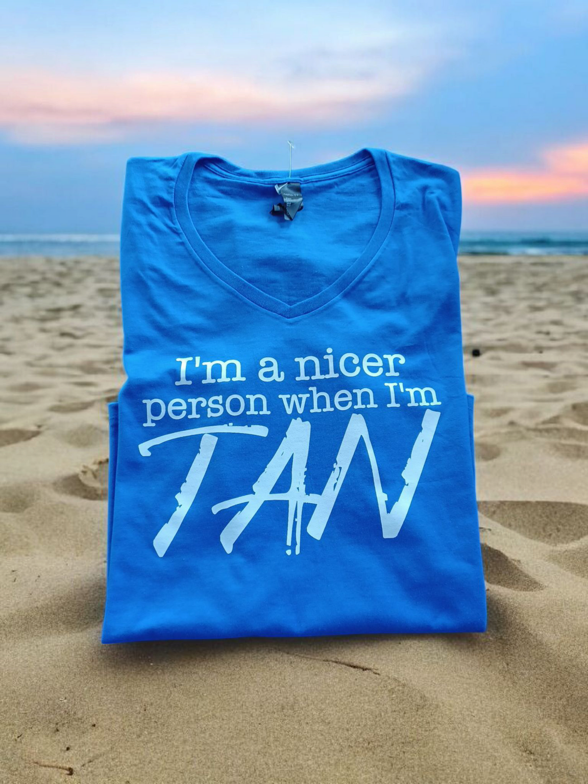 V-neck T Shirt with "I'm A Nicer Person When I'm Tan" text, short sleeve cotton tee