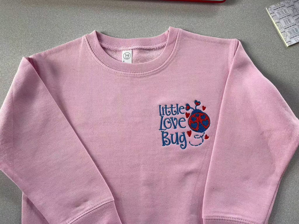 Pink kids sweatshirt with Little Love Bug embroidered design, size 4, machine washable