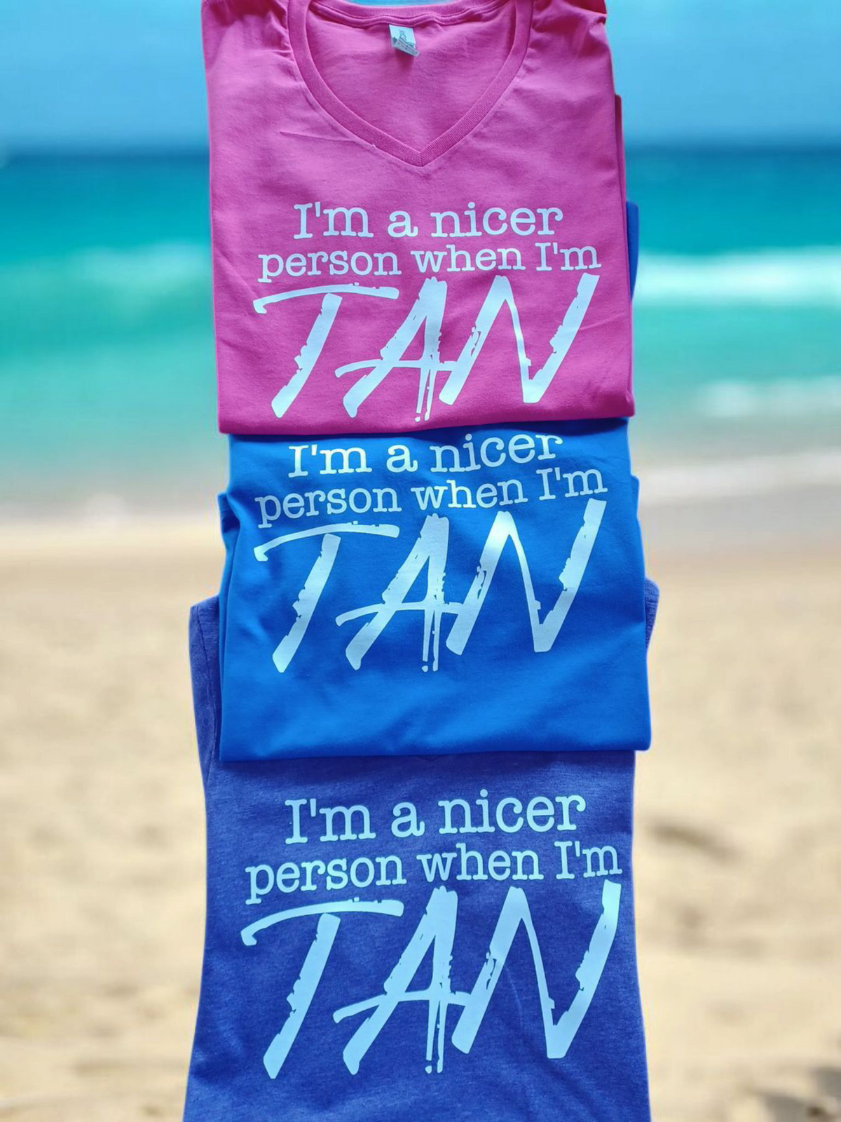 V-neck T Shirt with I'm A Nicer Person When I'm Tan slogan, short sleeve cotton tee for summer
