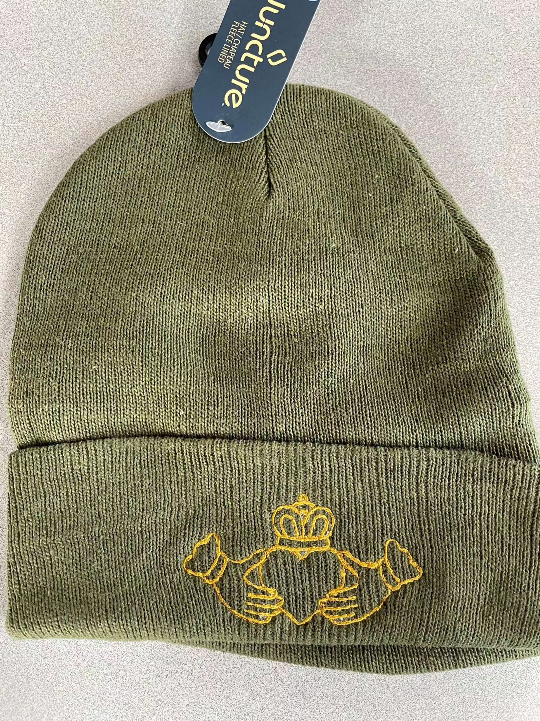Olive green warm knit hat with embroidered yellow logo and folded cuff