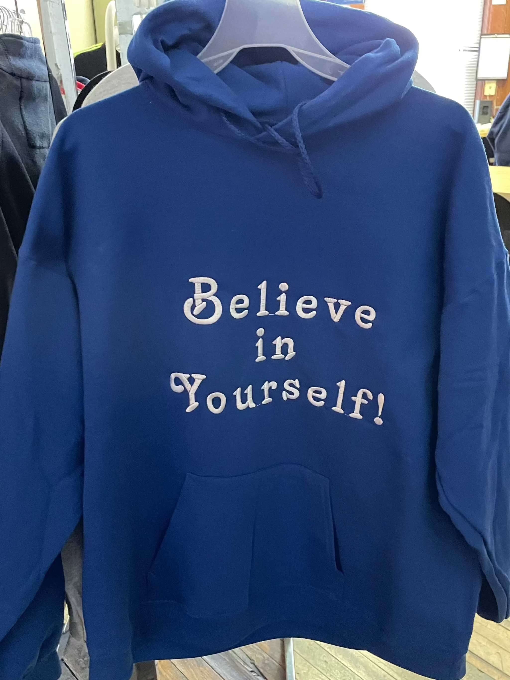 Blue "Believe in Yourself" cotton crewneck sweatshirt with hood and front pocket