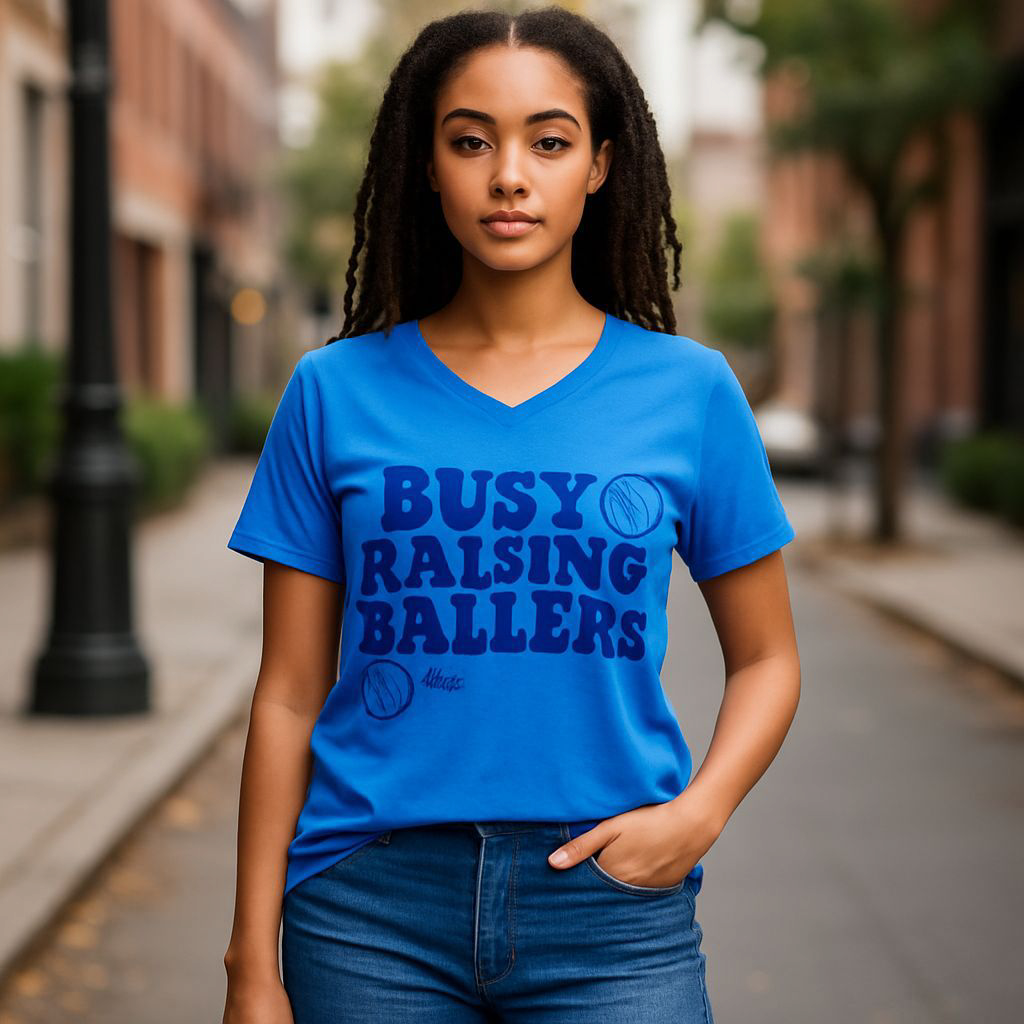 Baseball tee shirt for softball mom with Busy Raising Ballers V-neck design