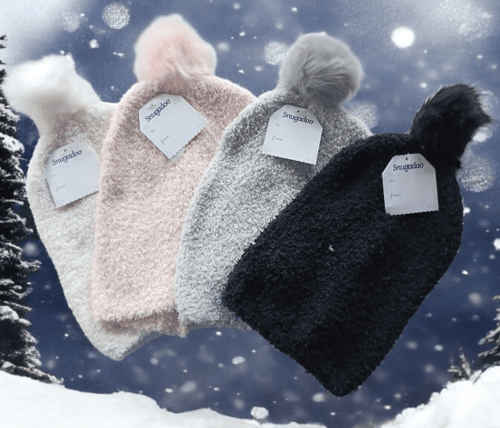 Collection of soft acrylic hats Snuggle Warm in white, pink, gray and black with pompom, cozy winter headwear