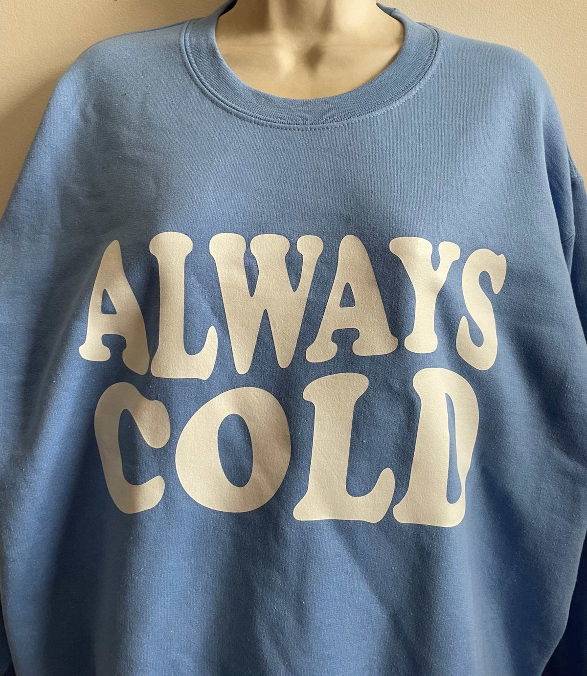 Blue cotton crewneck sweatshirt with Always Cold logo front design
