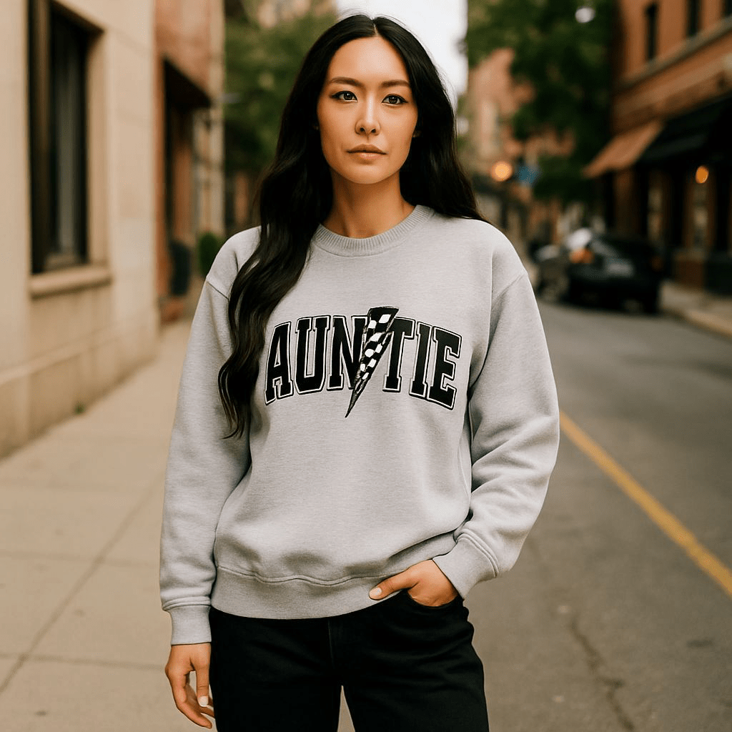 Woman wearing grey Auntie Racing crewneck sweatshirt standing outdoors on street