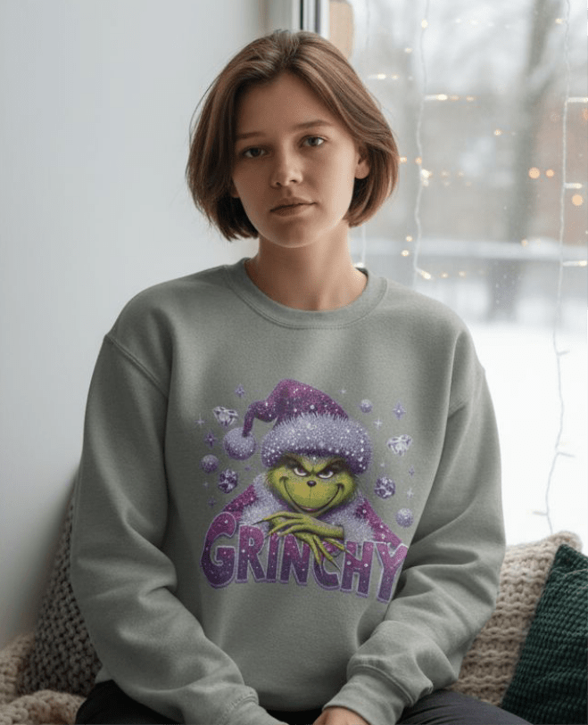 Woman wearing a gray Grinchy green sweatshirt with a festive Grinch design and purple accents