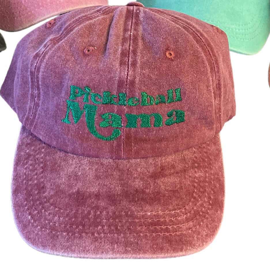Maroon embroidered pickleball hat with green "Pickleball Mama" text