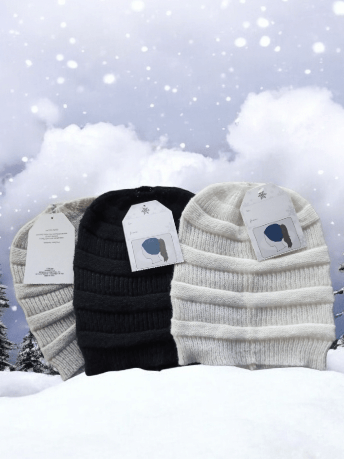 Warm soft acrylic ponytail hats with open top for hair, available in black, gray, and white colors