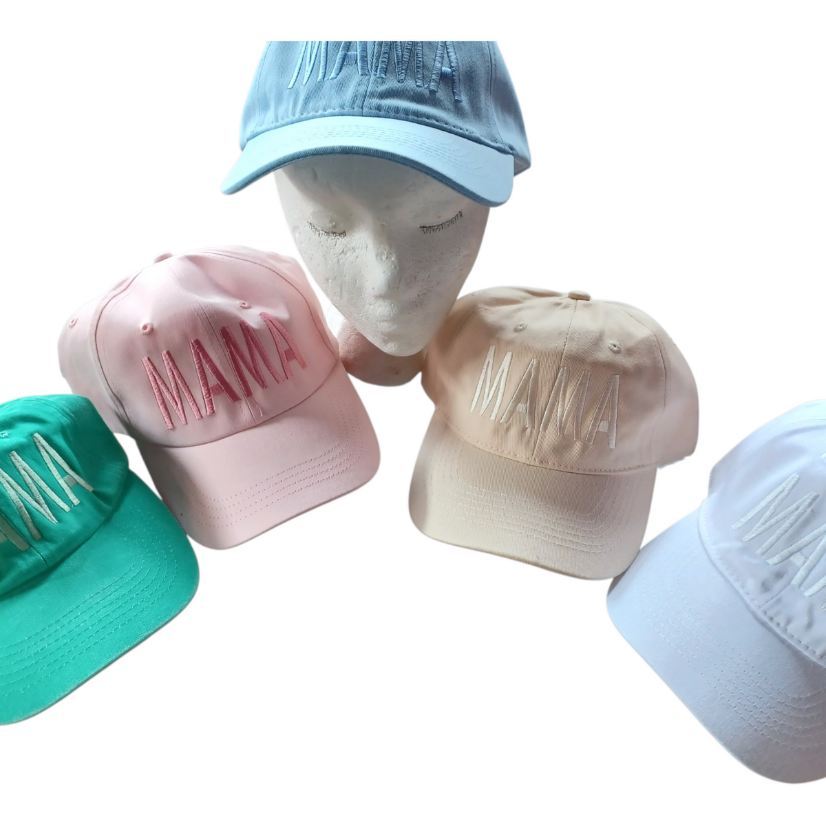 MAMA Cotton Hats in spring colors with adjustable fit and embroidered design for comfort and style