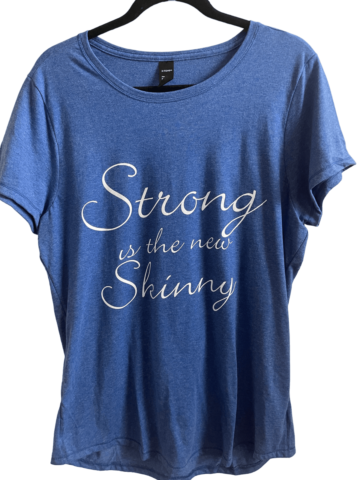 blue cotton t-shirt with "Strong is the new Skinny" slogan, short sleeve, casual tee